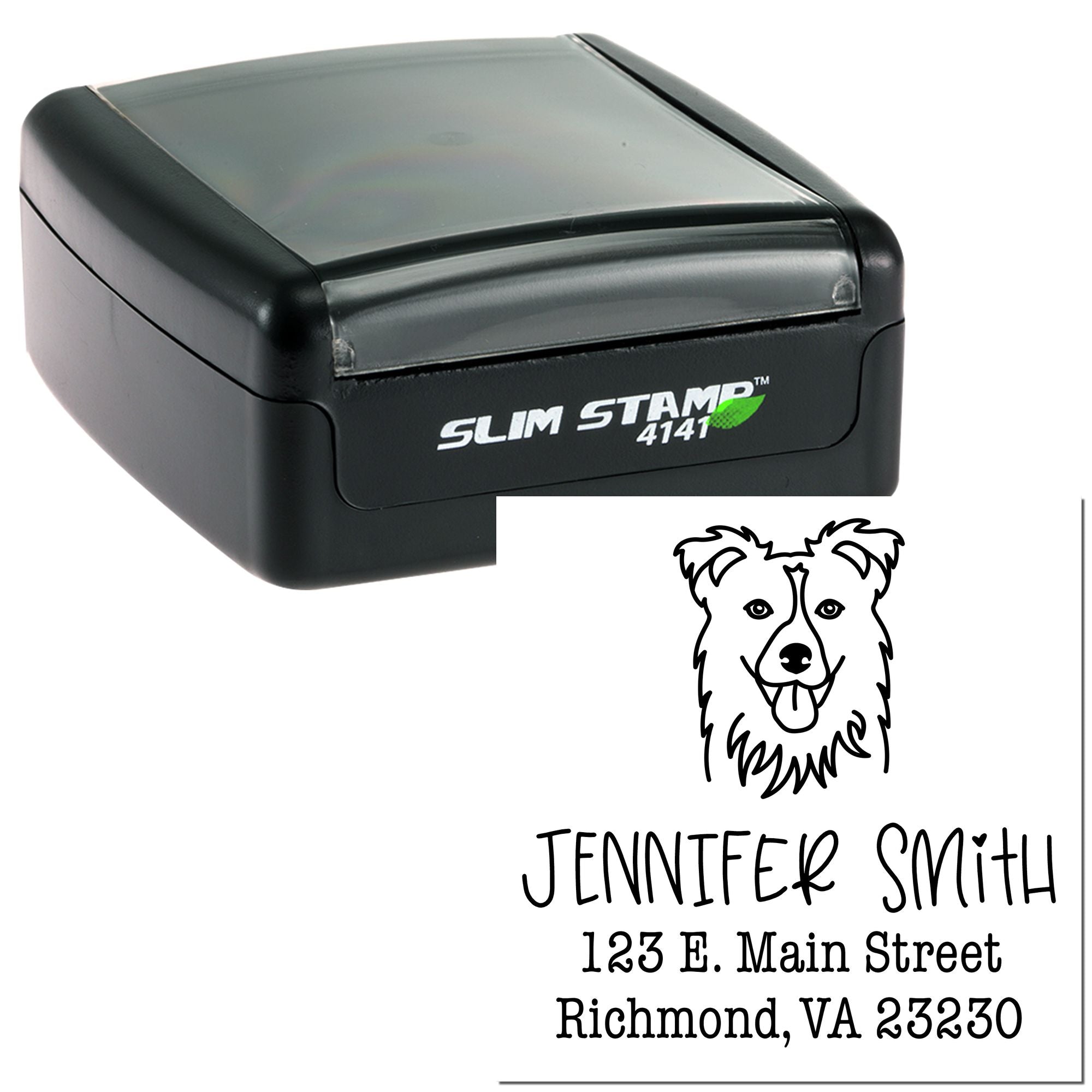 Black Slim Stamp self-inking address seal with dog logo, Jennifer Smith, and Richmond VA return address.