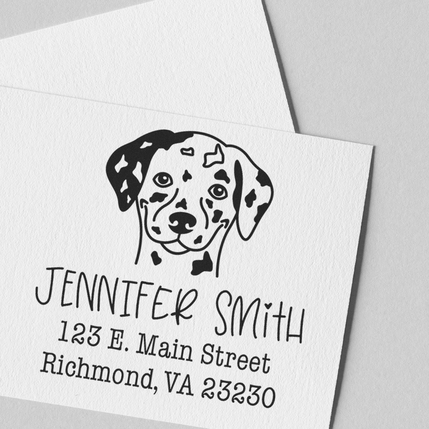 Black custom dog stamp seal on white textured card for Jennifer Smith, with name and Richmond, VA address.