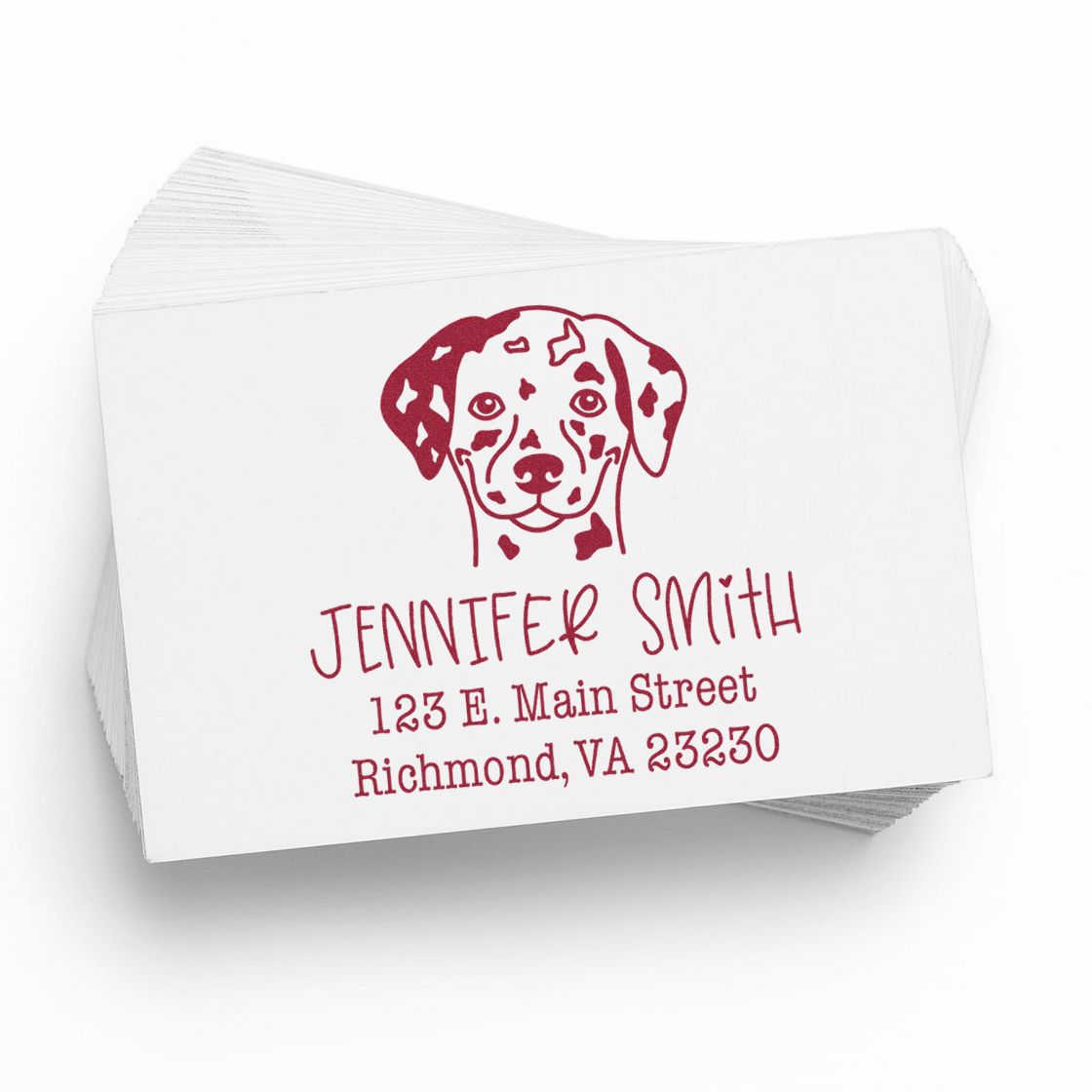 Red custom dog logo stamp on stacked white cards, with Jennifer Smith name and Richmond, VA address seal.