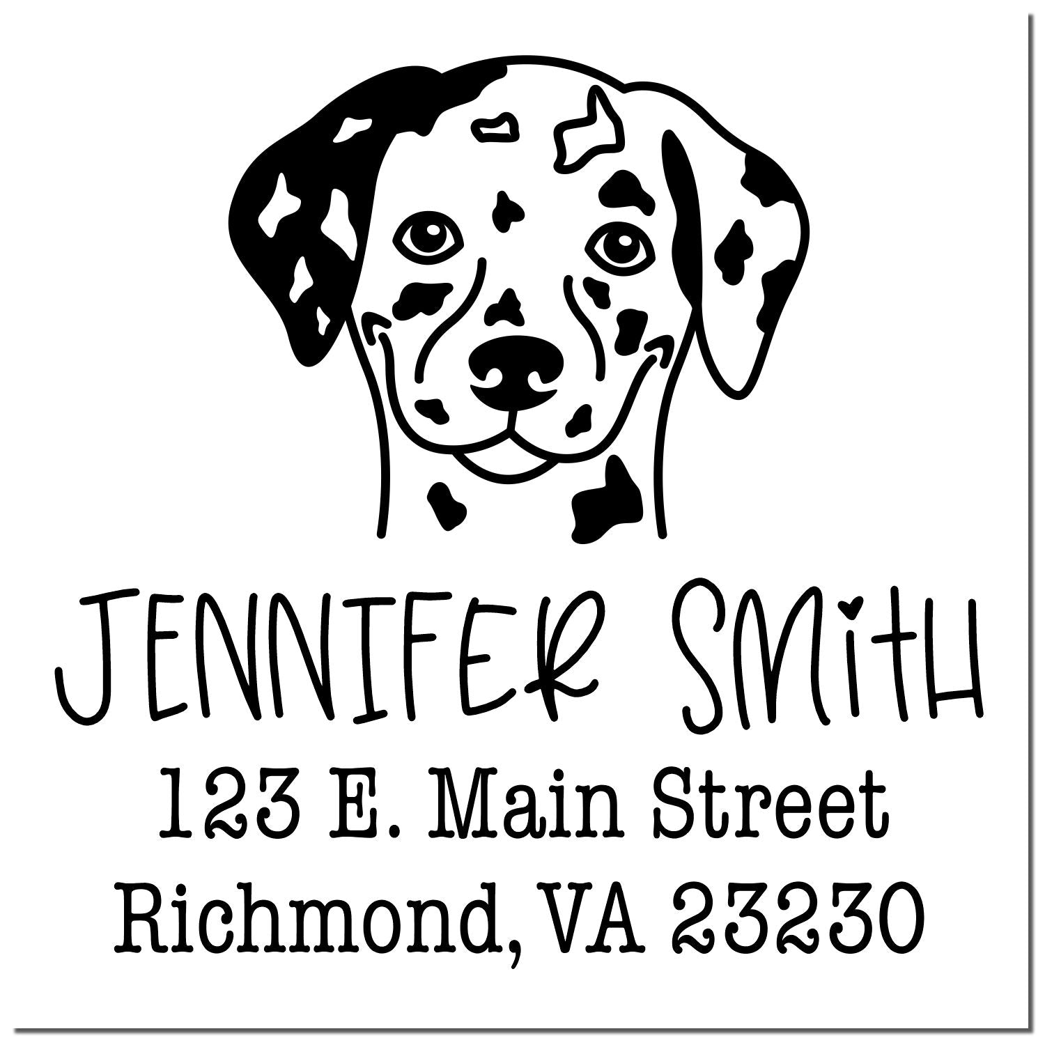 Black-and-white custom stamp and seal with Dalmatian head logo, Jennifer Smith, 123 E. Main Street, Richmond, VA 23230.