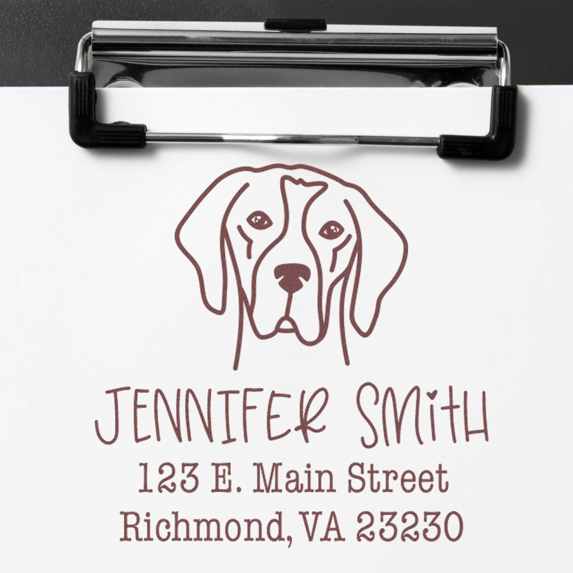 Maroon custom stamp and seal with dog line art, Jennifer Smith name, and Richmond, VA address on white paper.