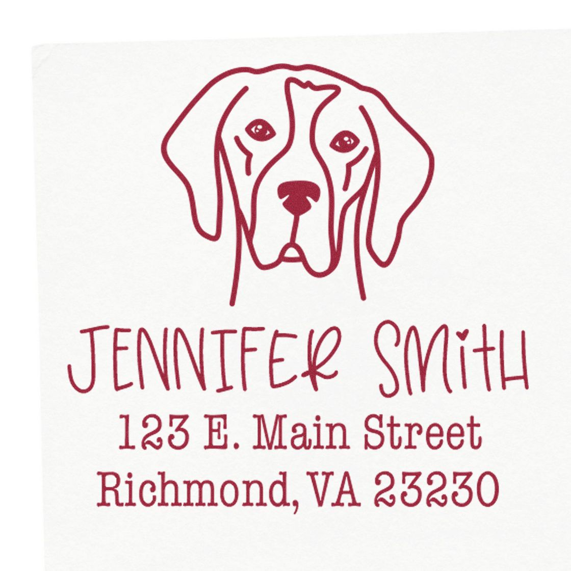 Burgundy custom return address stamp with dog illustration, Jennifer Smith, 123 E. Main Street, Richmond, VA 23230