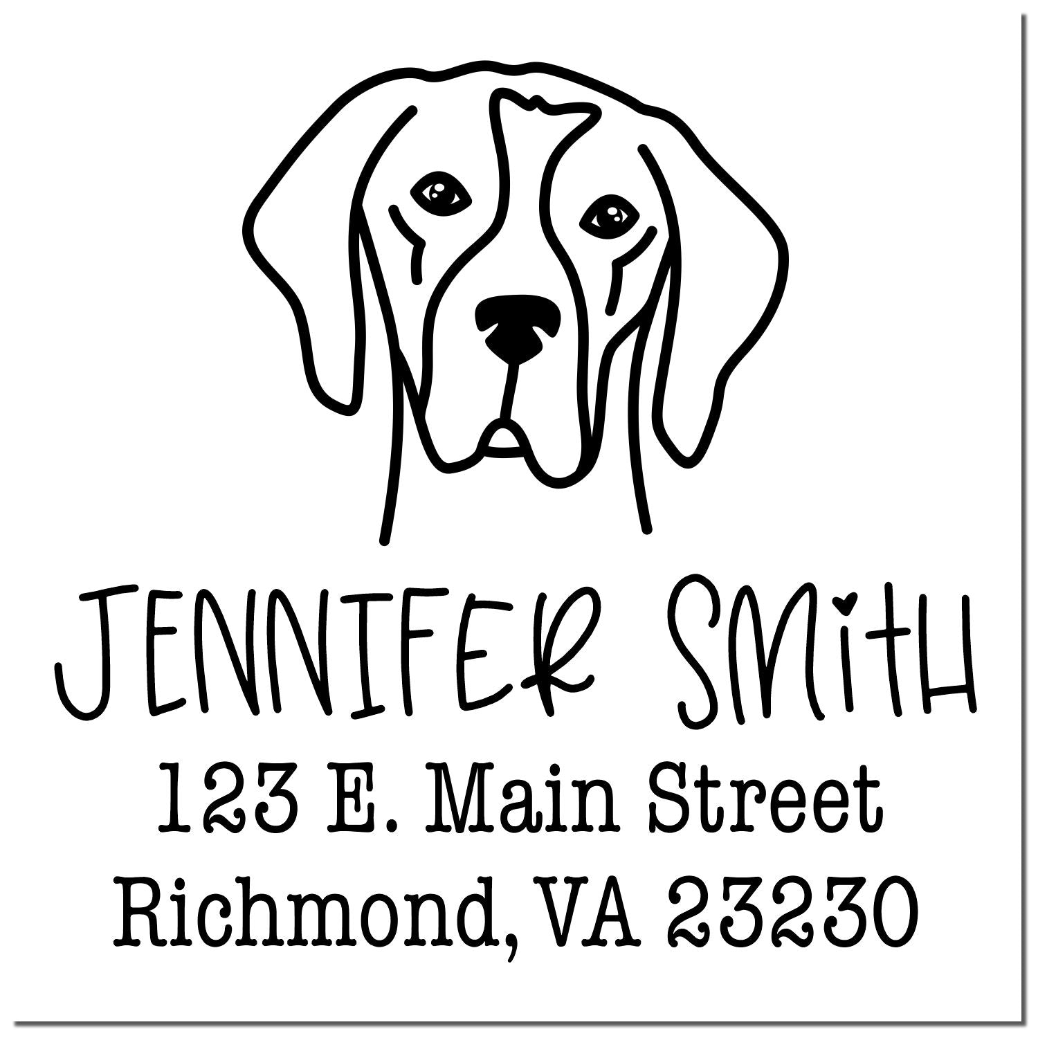 Black custom stamp seal with dog logo, Jennifer Smith, 123 E. Main Street, Richmond, VA 23230