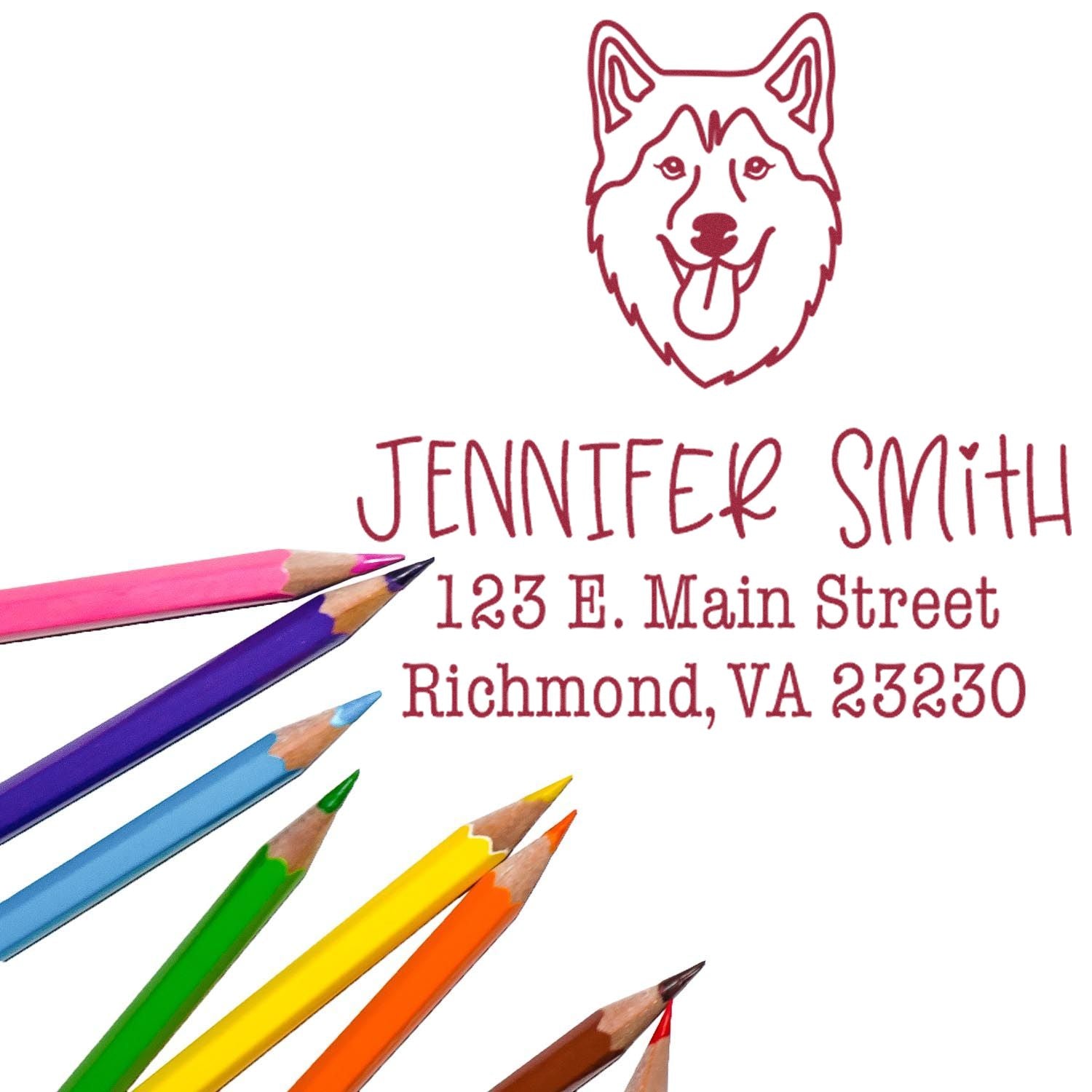Burgundy custom stamp seal with husky logo, Jennifer Smith name and Richmond address, accented by colorful pencils.