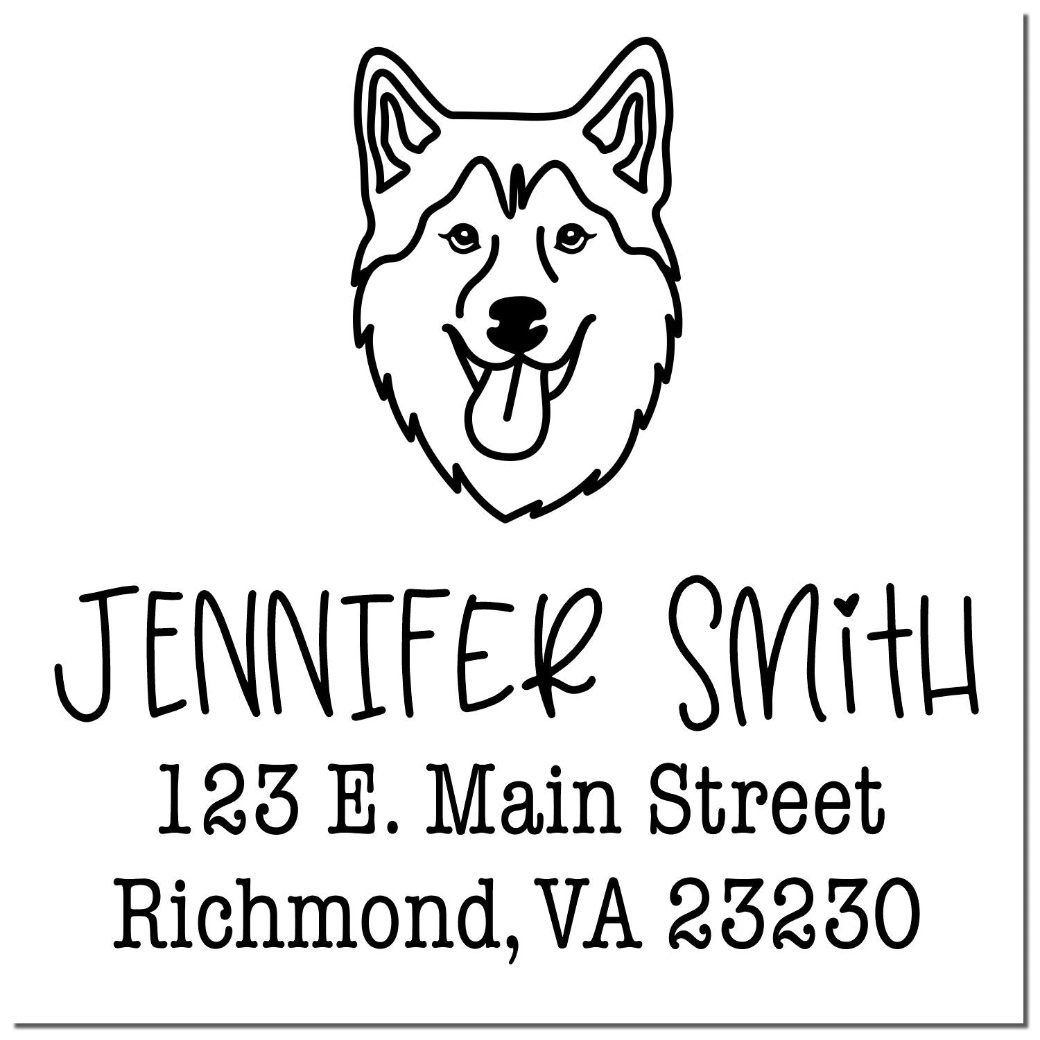 Black custom stamp and seal with husky head logo, Jennifer Smith, and Richmond, VA address on white background.