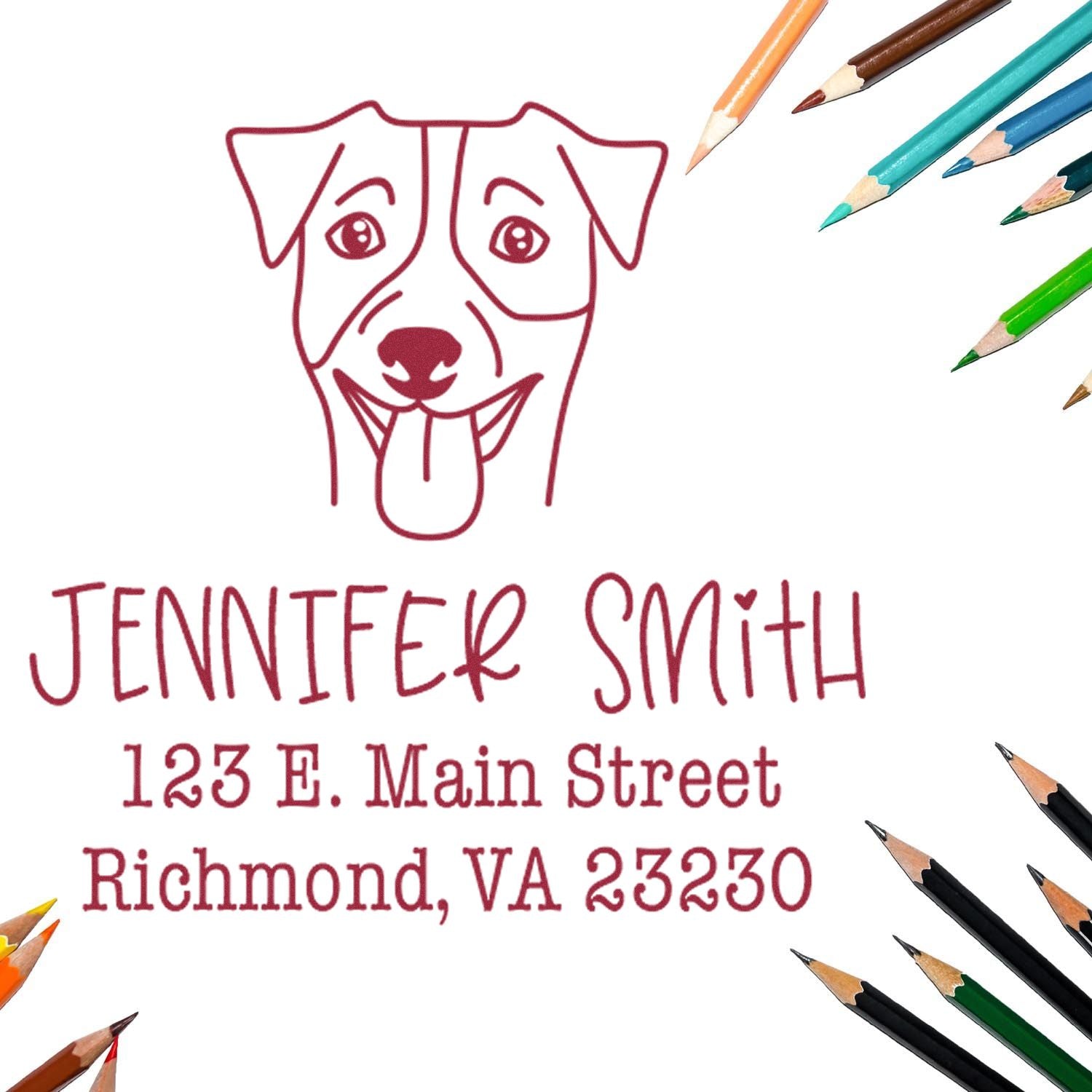 Burgundy dog stamp seal with Jennifer Smith name, address, and colorful pencil accents on a white background.