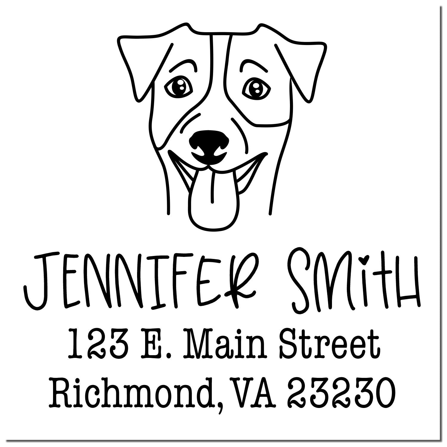 Black custom stamp seal with dog face logo, Jennifer Smith, and address text in bold black on white.
