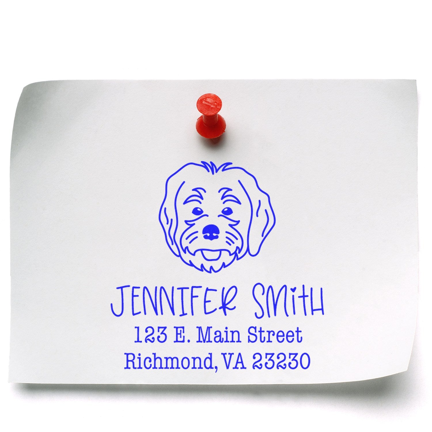 White custom stamp and seal with blue dog logo, Jennifer Smith address, and red pushpin.