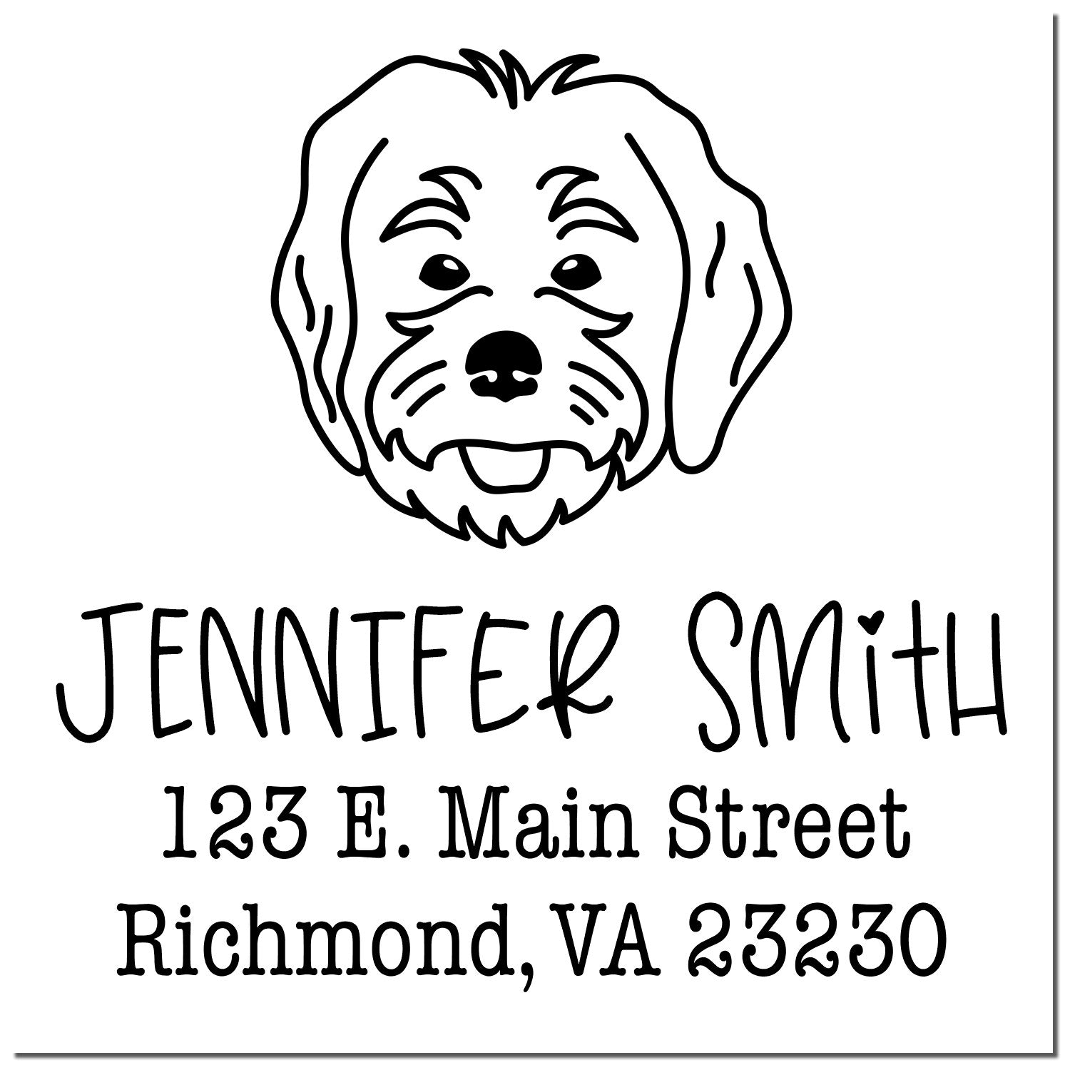 Black-and-white custom dog face address stamp for Jennifer Smith, with 123 E. Main Street, Richmond, VA 23230.
