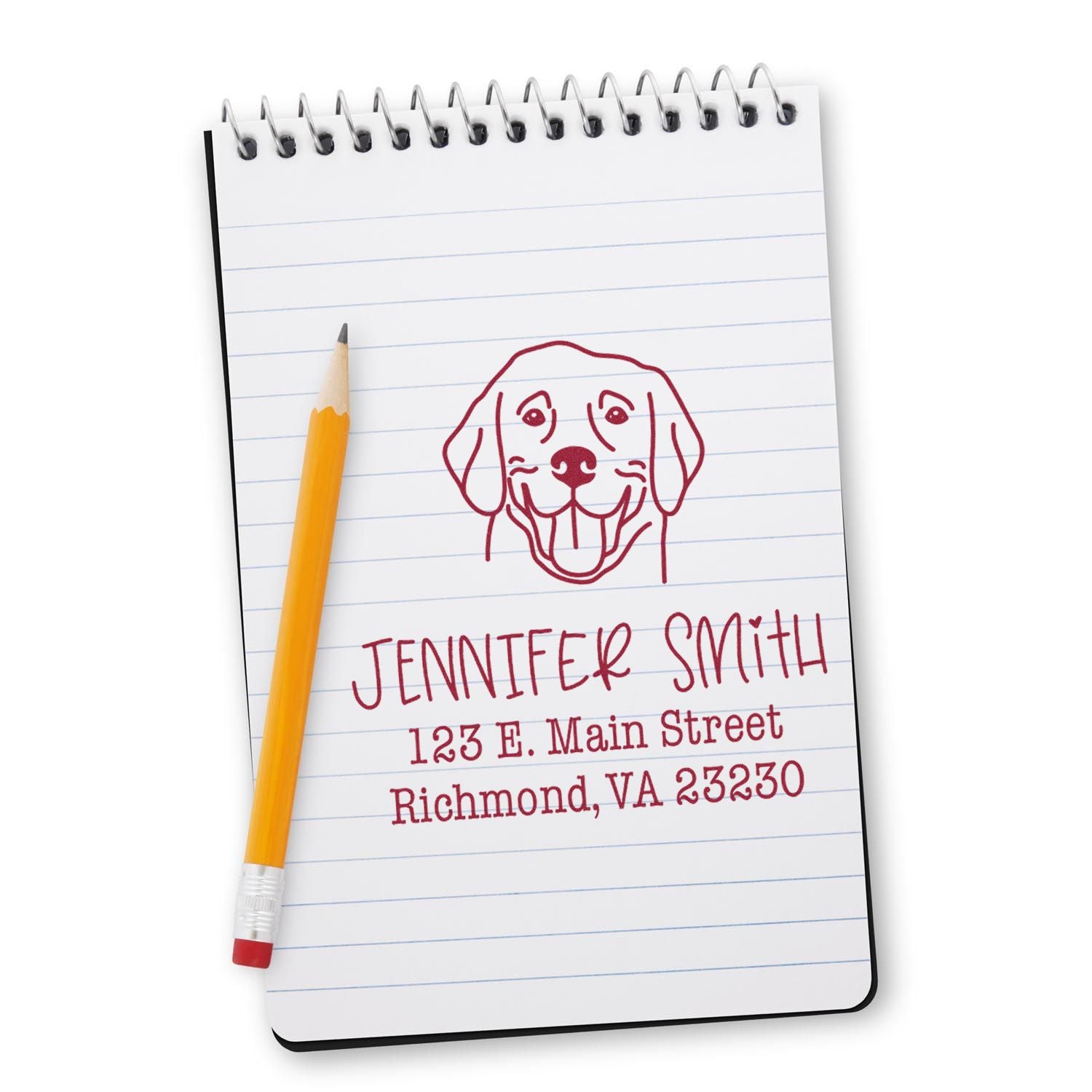 Red dog custom address stamp and seal on lined notepad with yellow pencil