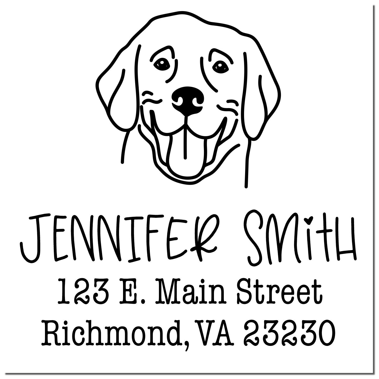 Black custom address stamp with line-art dog logo and text Jennifer Smith, 123 E. Main Street, Richmond, VA 23230.