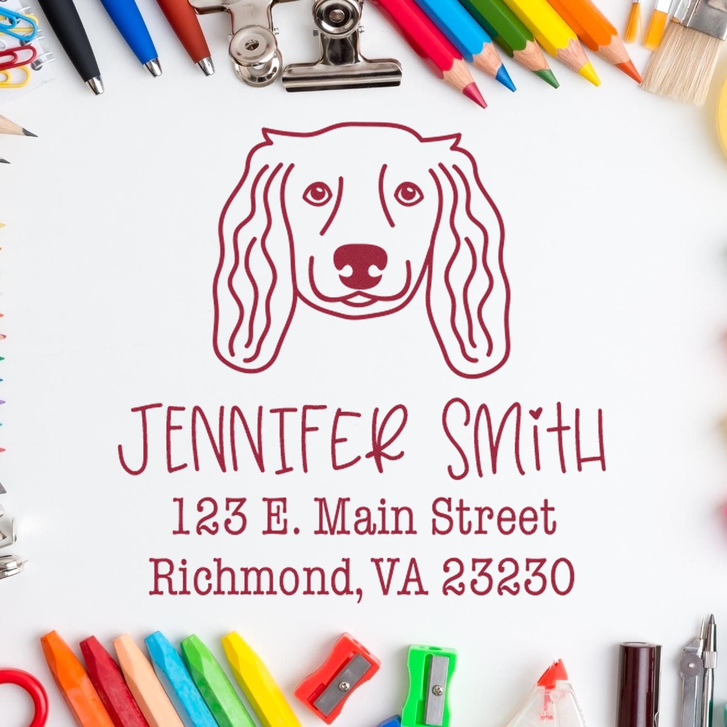 Wood Handle Long Haired Dachshund Custom Easy-To-Use Address Rubber Stamp - Engineer Seal Stamps