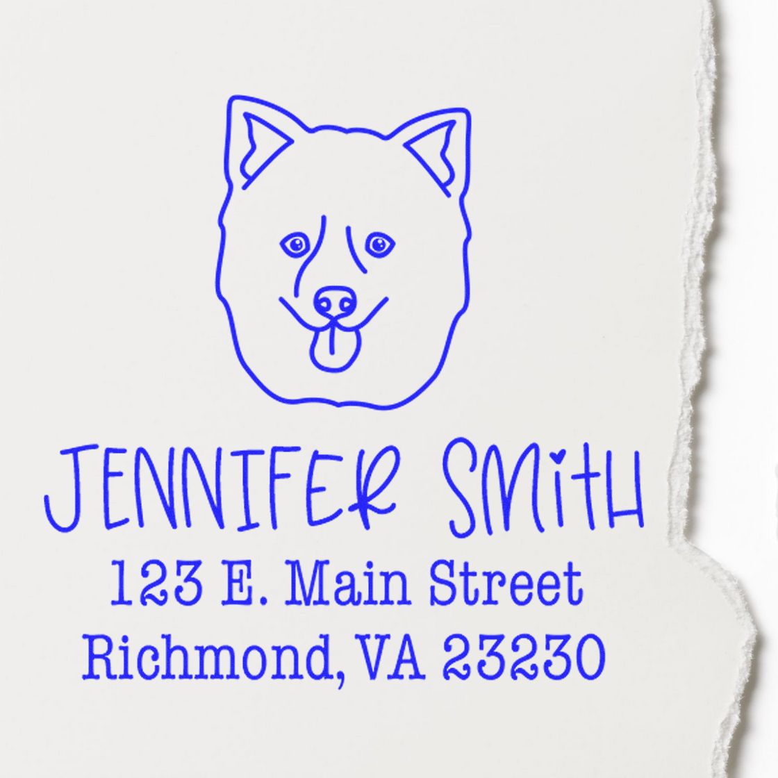 Blue custom address stamp and seal with dog head, Jennifer Smith, 123 E. Main Street, Richmond, VA 23230.
