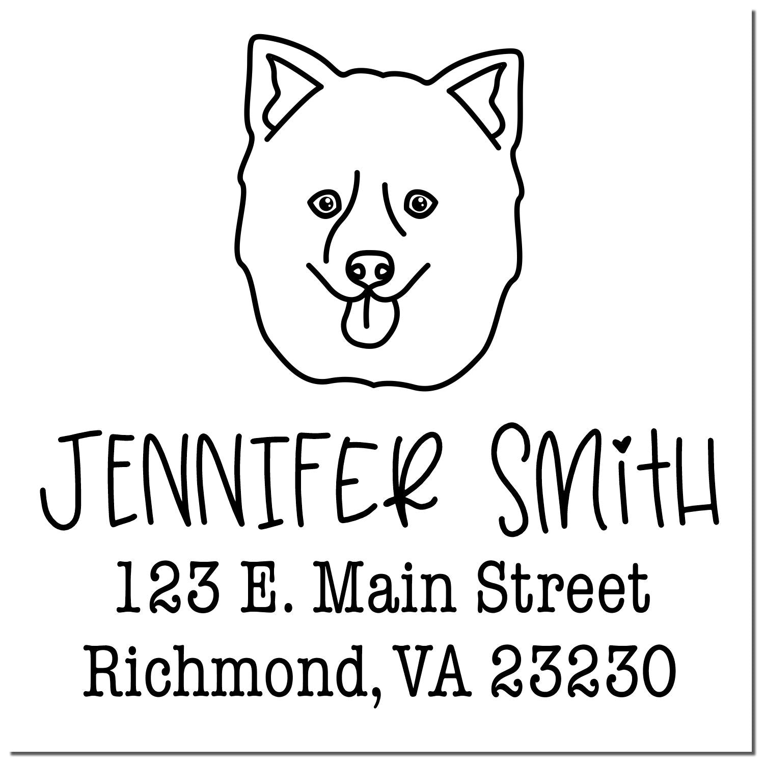 Black-and-white custom address stamp seal with dog face logo, Jennifer Smith, 123 E. Main Street, Richmond, VA 23230