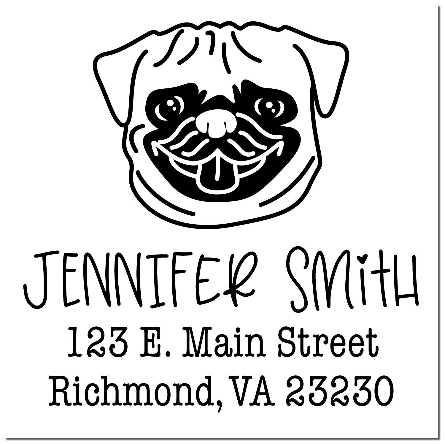 Black-and-white custom stamp/seal with smiling dog logo, Jennifer Smith name, and Richmond, VA address.