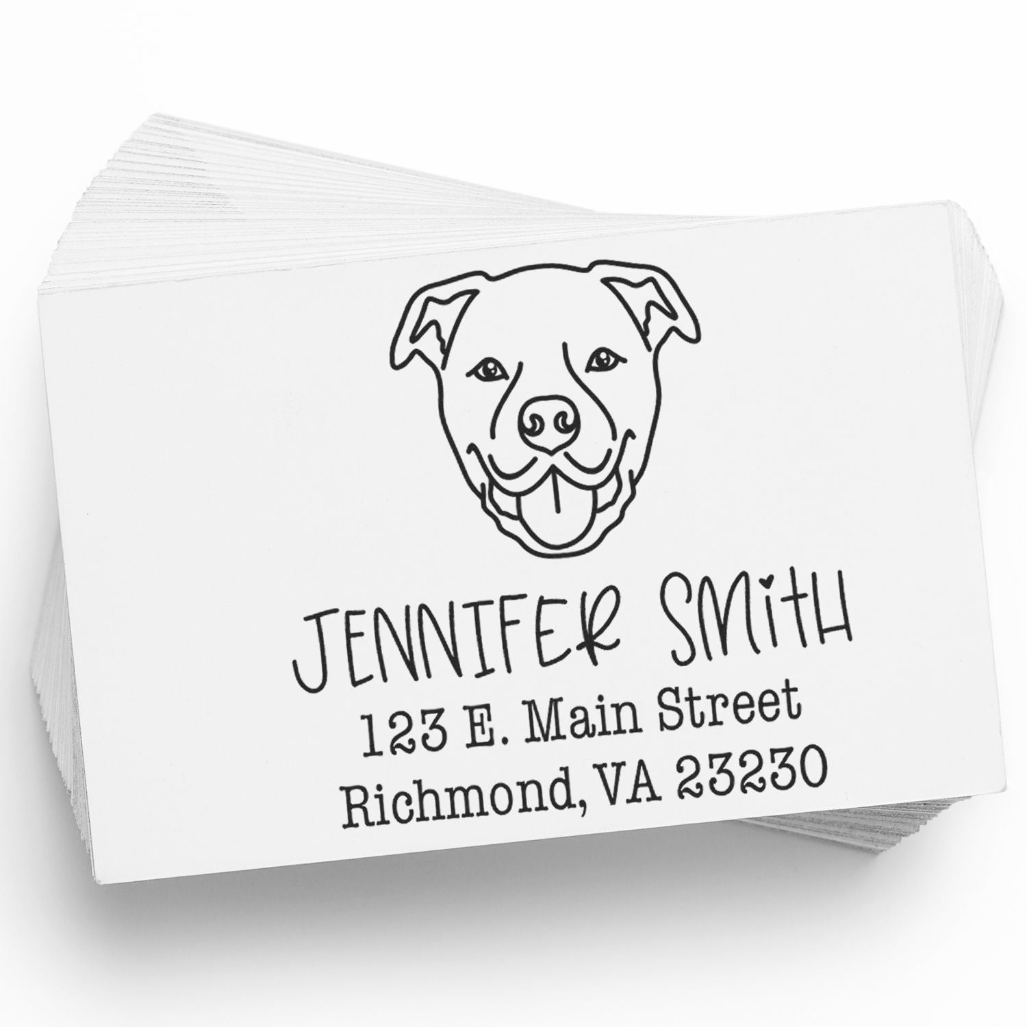 Stack of white custom address stamp and seal cards with black dog face, Jennifer Smith name, and Richmond, VA address.