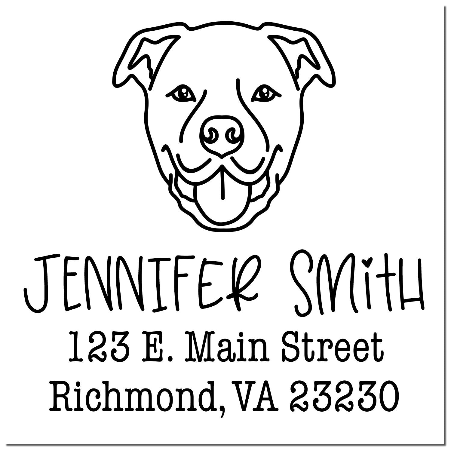Black-and-white custom dog logo stamp and seal for Jennifer Smith, 123 E. Main Street, Richmond, VA 23230