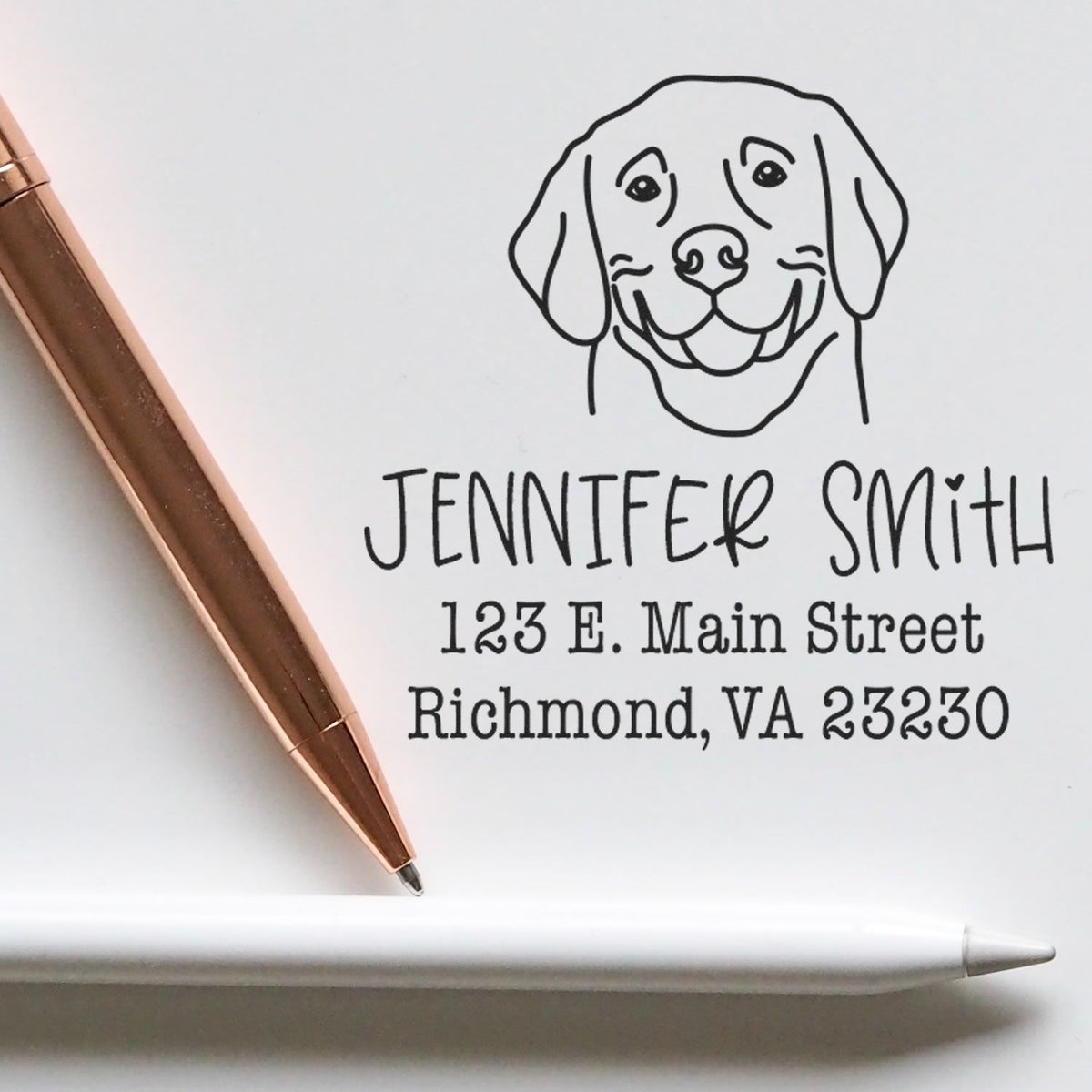 Weimaraner dog rubber stamp with wood handle, custom-made dog stamp by ESS, shown in use on paper.