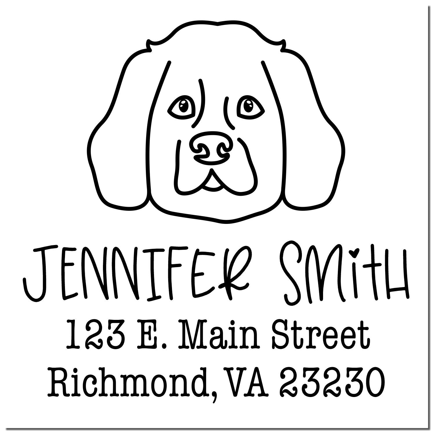 Black-and-white custom stamp seal with a dog illustration, Jennifer Smith name, and Richmond, VA address.