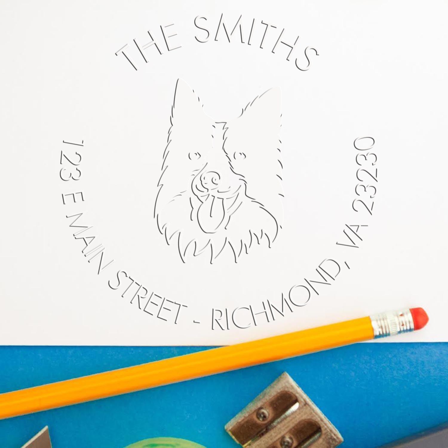 Personalized Mailing Address Embossed Stamp with Border Collie Dog