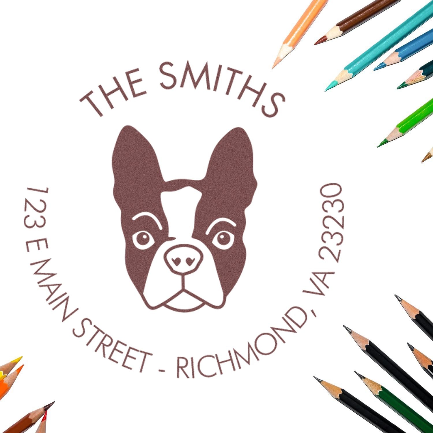 Wood Handle Boston Terrier Custom Made Address Label Rubber Stamp - Engineer Seal Stamps