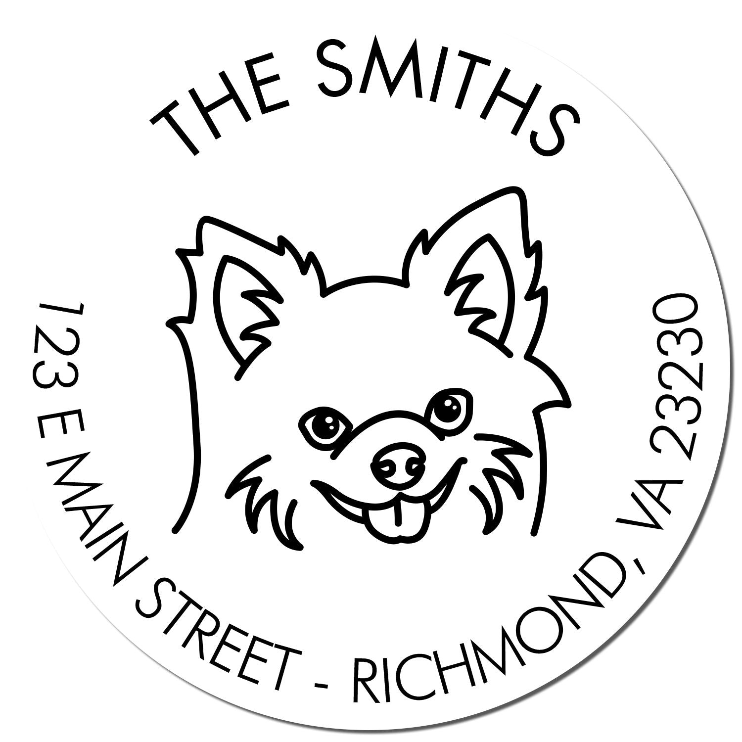 Round white self-inking stamp seal with black puppy line art, The Smiths, and Richmond, VA address.