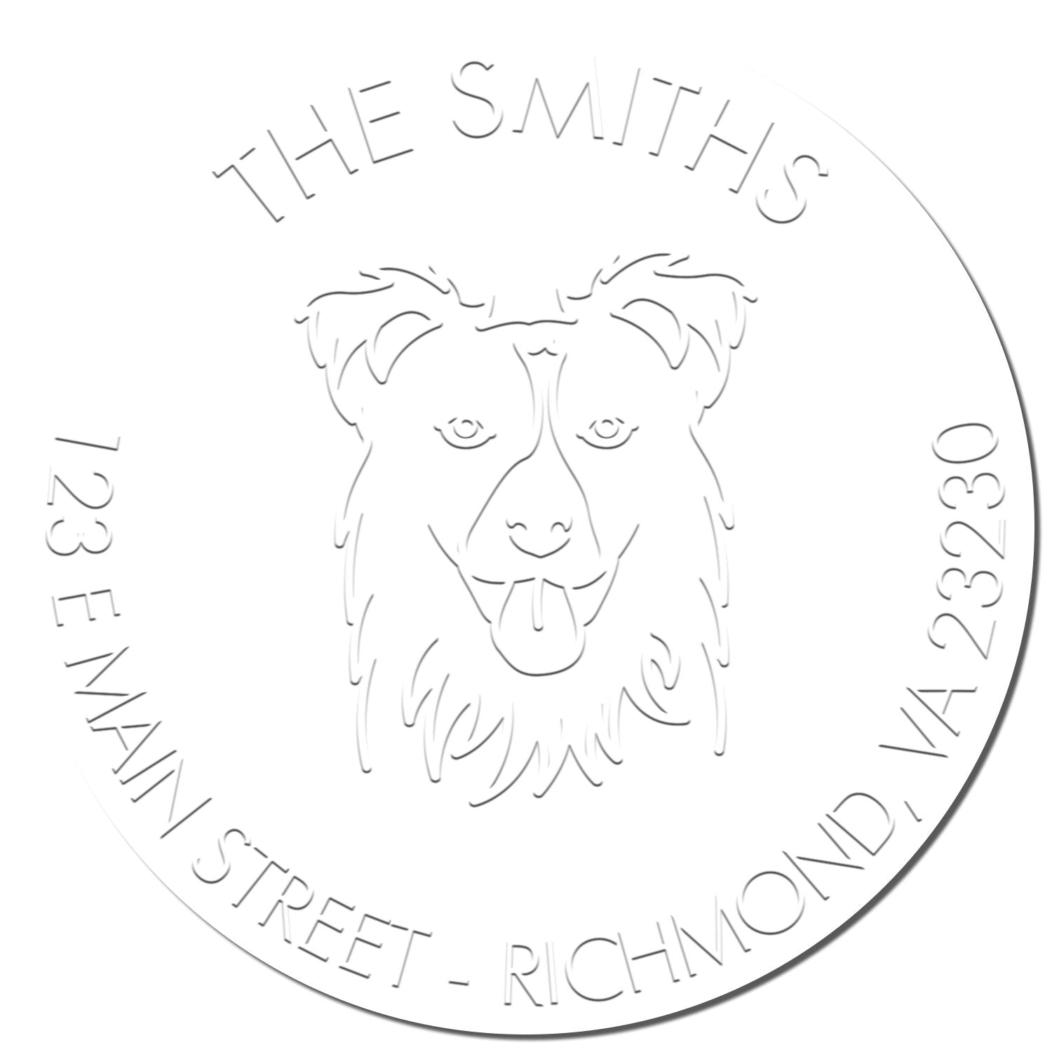 Round white custom stamp seal with outlined dog head, THE SMITHS, and address text around the edge.