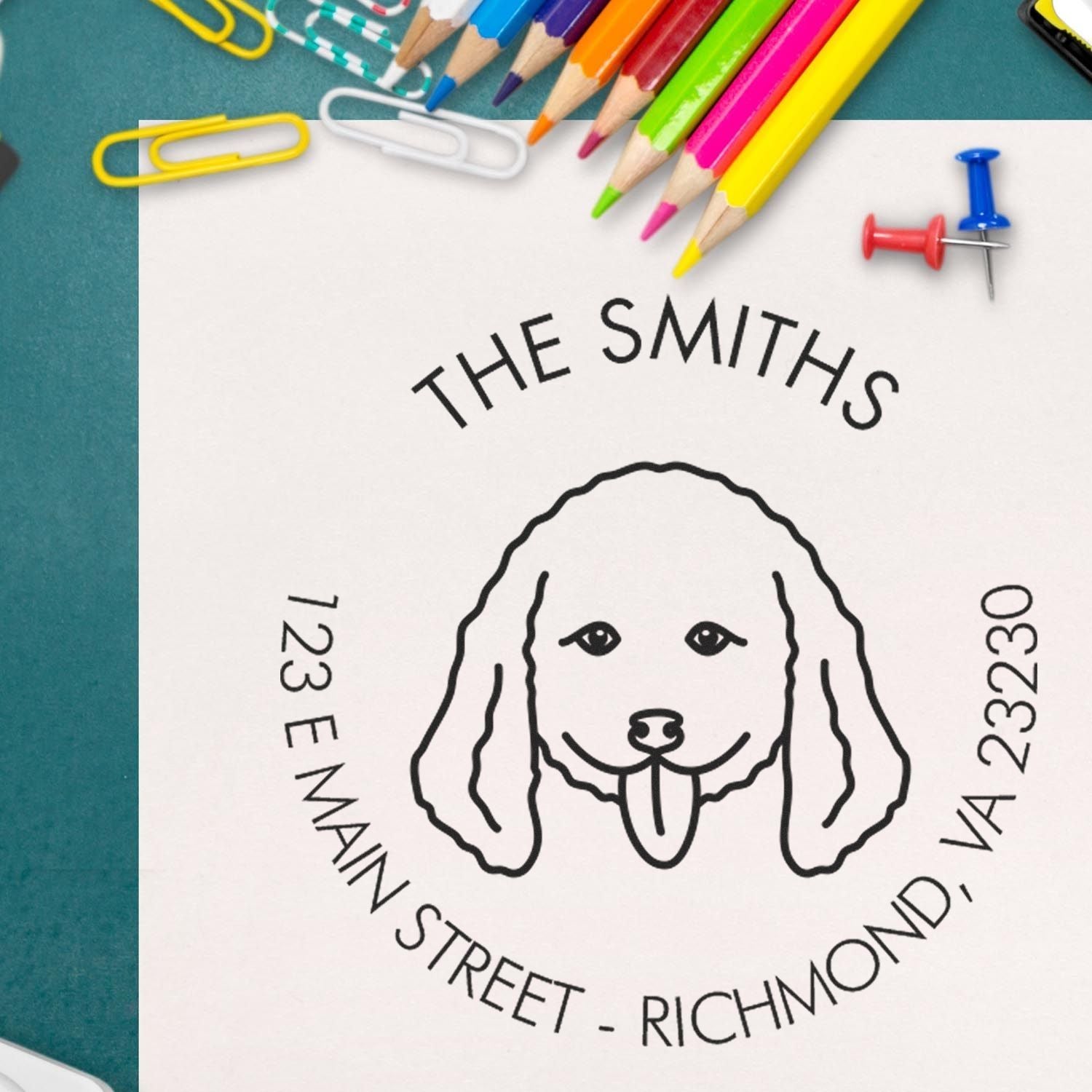 Dog-shaped rubber stamp with a wood handle, custom doodle address stamp by ESS in use on paper.