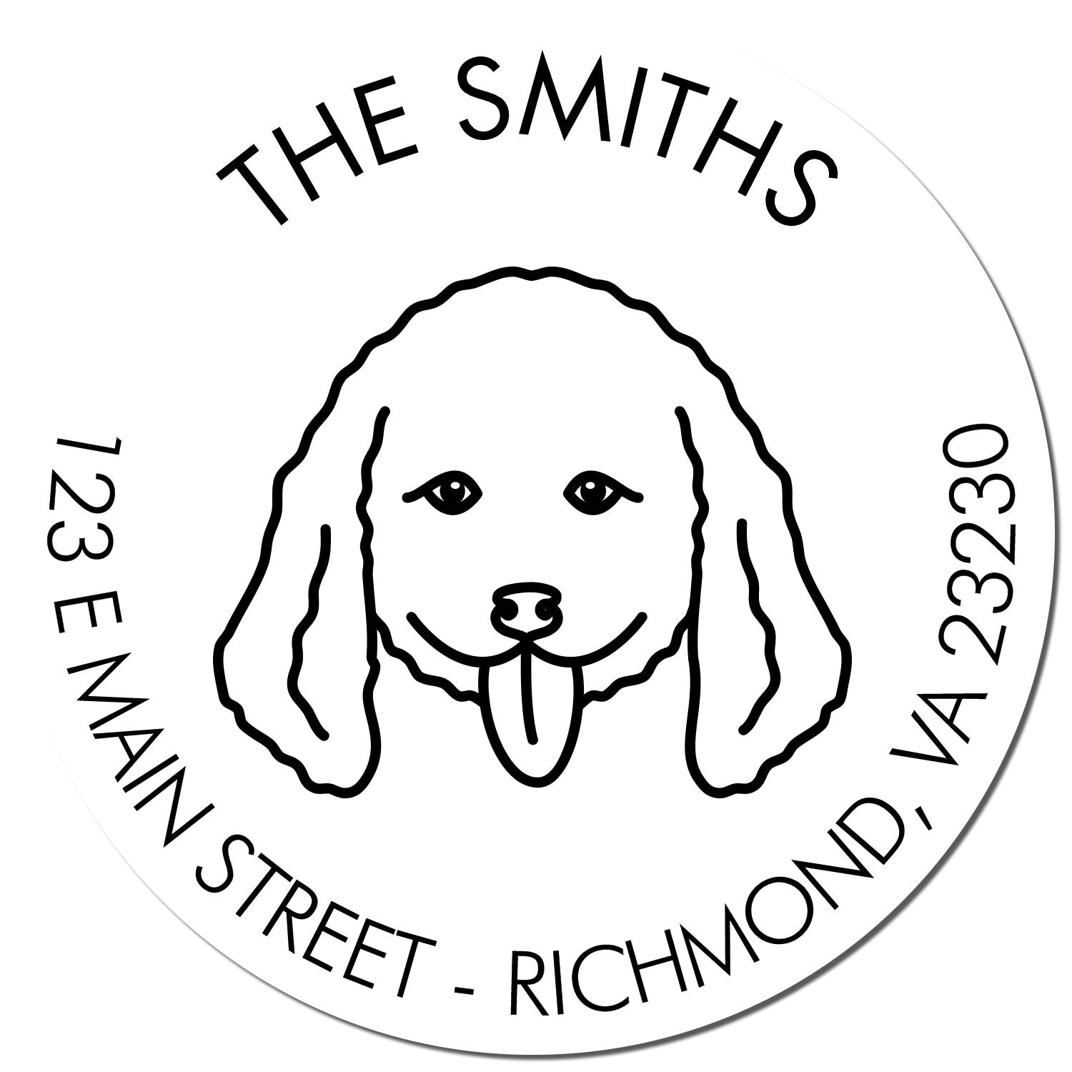 Black dog doodle address rubber stamp with wood handle by ESS, showing enlarged imprint for custom mailing labels.
