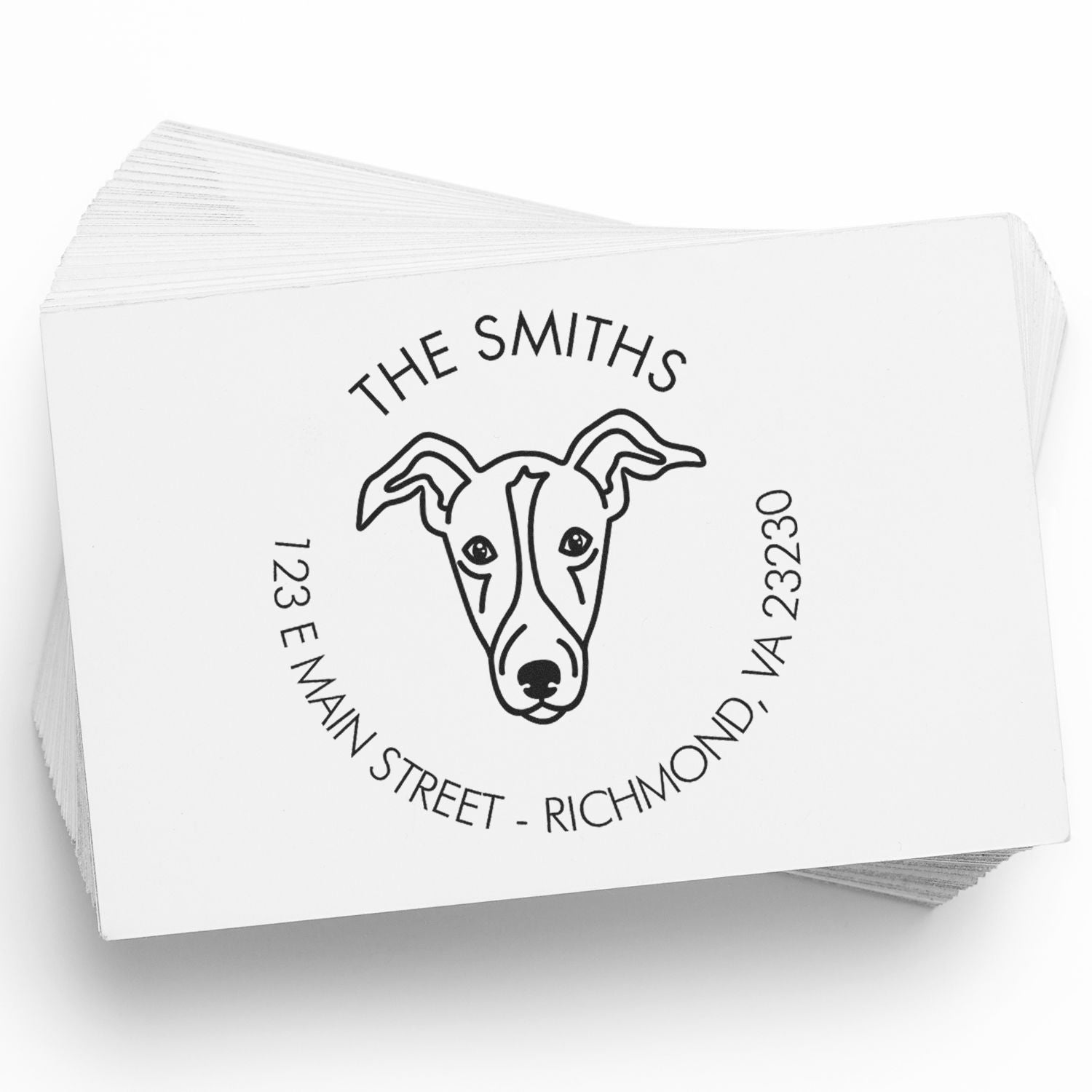 Stack of white custom stamp and seal cards featuring a black dog logo, The Smiths, and Richmond, VA address.