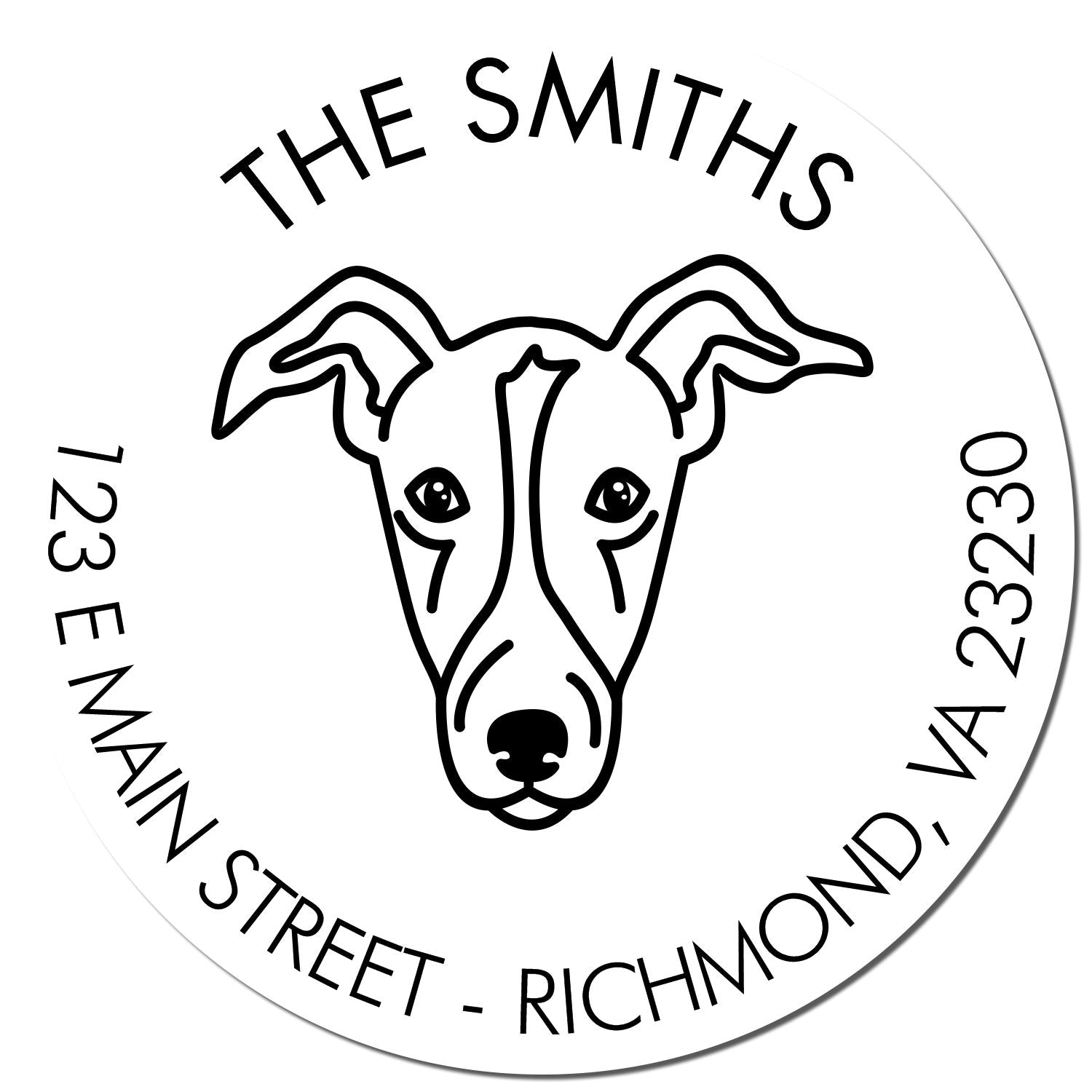 Black-and-white custom stamp seal with dog outline, The Smiths, and circular address text: 123 E Main Street, Richmond, VA.