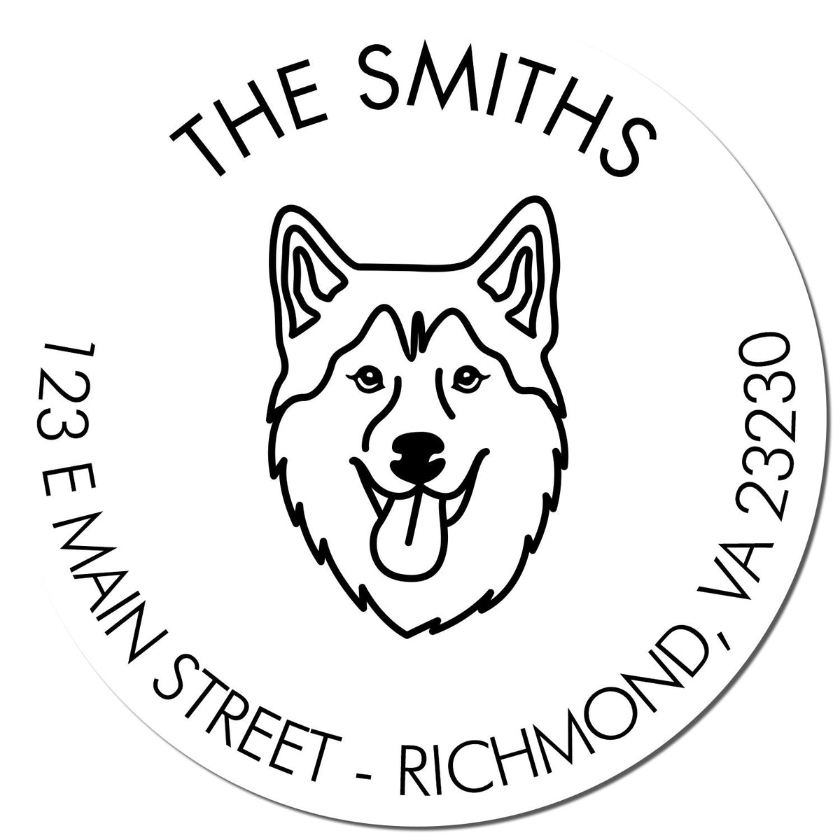 Round black-and-white custom stamp seal featuring a husky head and arched text for The Smiths, Richmond, VA.