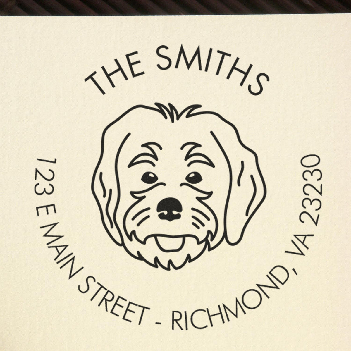 Black custom stamp seal with dog logo, THE SMITHS, 123 E Main Street, Richmond, VA 23230