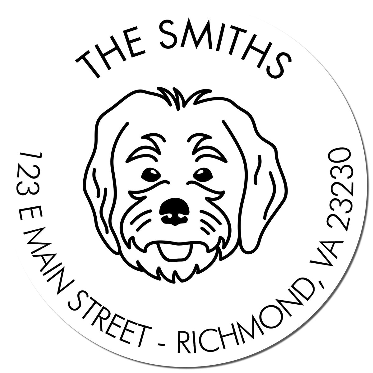 Round white custom stamp seal with black dog face and THE SMITHS around edge; 123 E Main Street, Richmond, VA 23230.