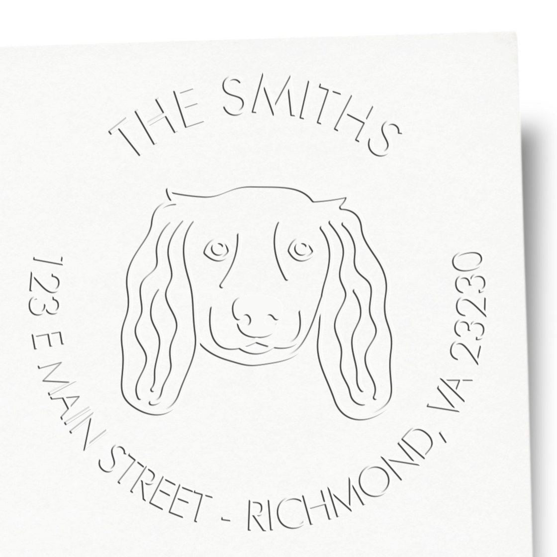 Personalizable Home Address Embossing Stamp with Long Haired Dachshund Dog - Engineer Seal Stamps