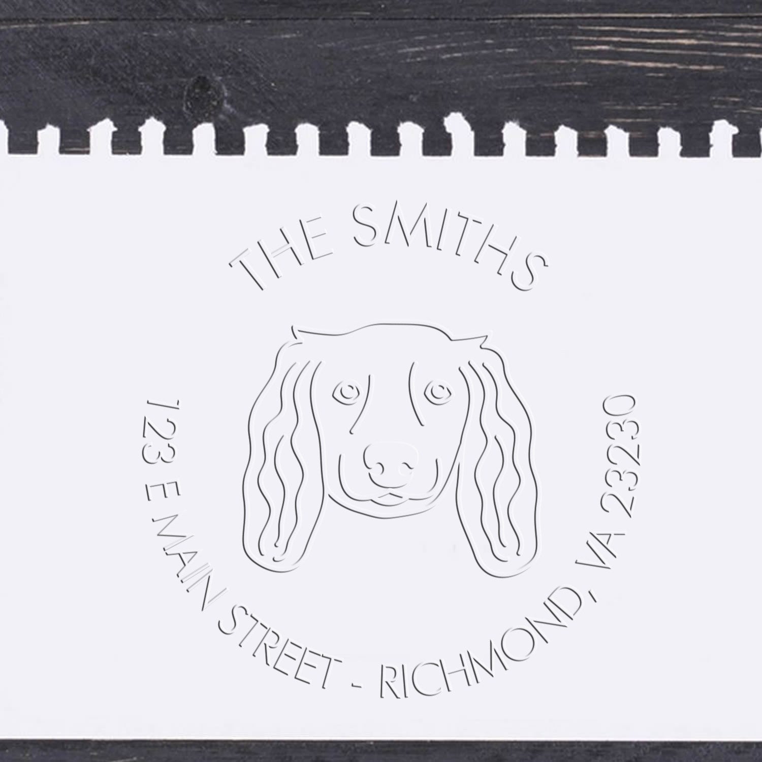 Personalizable Home Address Embossing Stamp with Long Haired Dachshund Dog