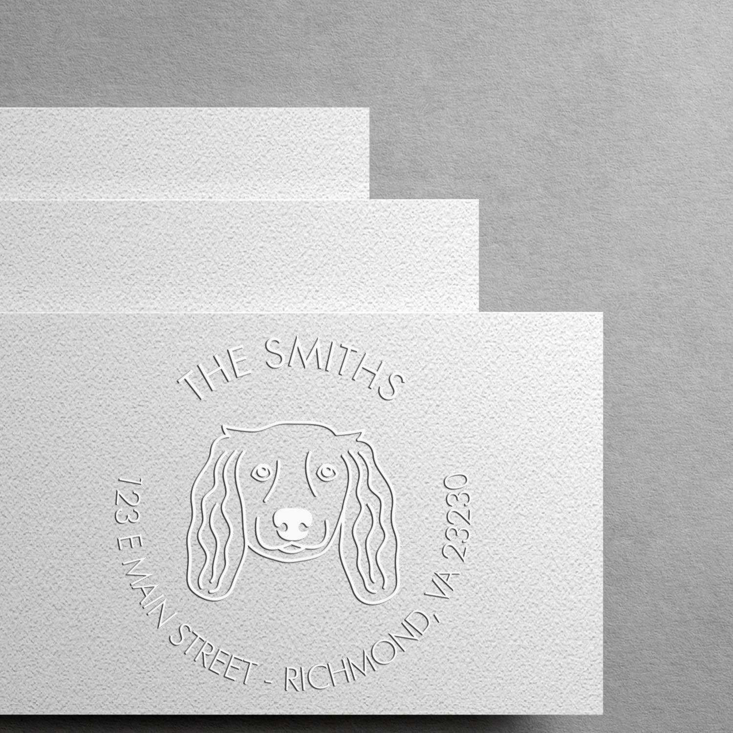 Personalizable Home Address Embossing Stamp with Long Haired Dachshund Dog