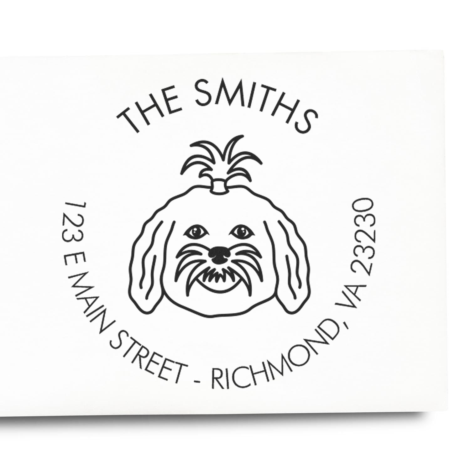 Black custom address stamp seal with dog logo, The Smiths, 123 E Main Street, Richmond, VA 23230, on white.