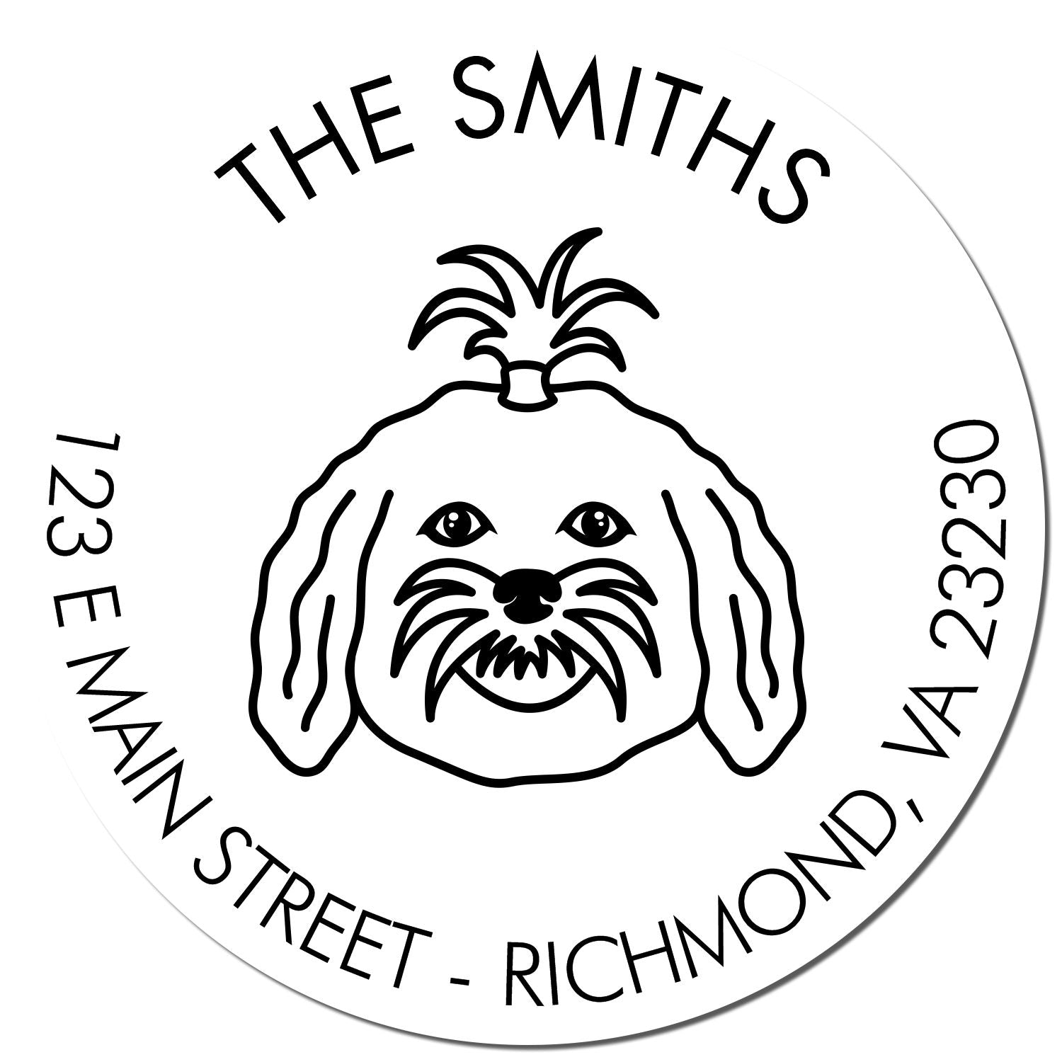 Black-and-white round stamp seal with dog face logo, THE SMITHS, and address 123 E Main Street, Richmond, VA 23230.