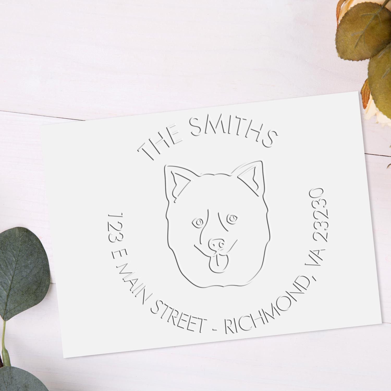 Personalizable Return Address Embossing Stamp with Pomsky Dog