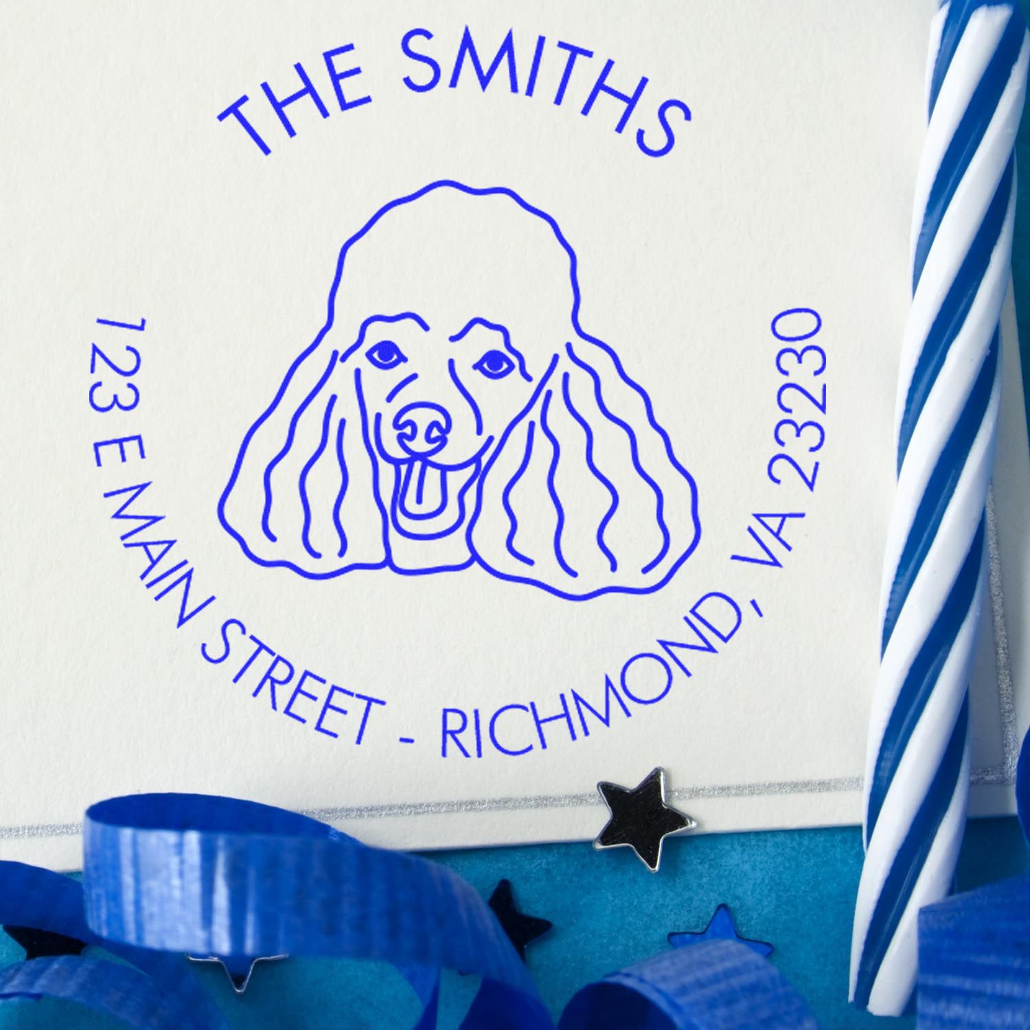 Blue dog logo stamp seal for The Smiths, with 123 E Main Street, Richmond VA 23230 in circular blue text.