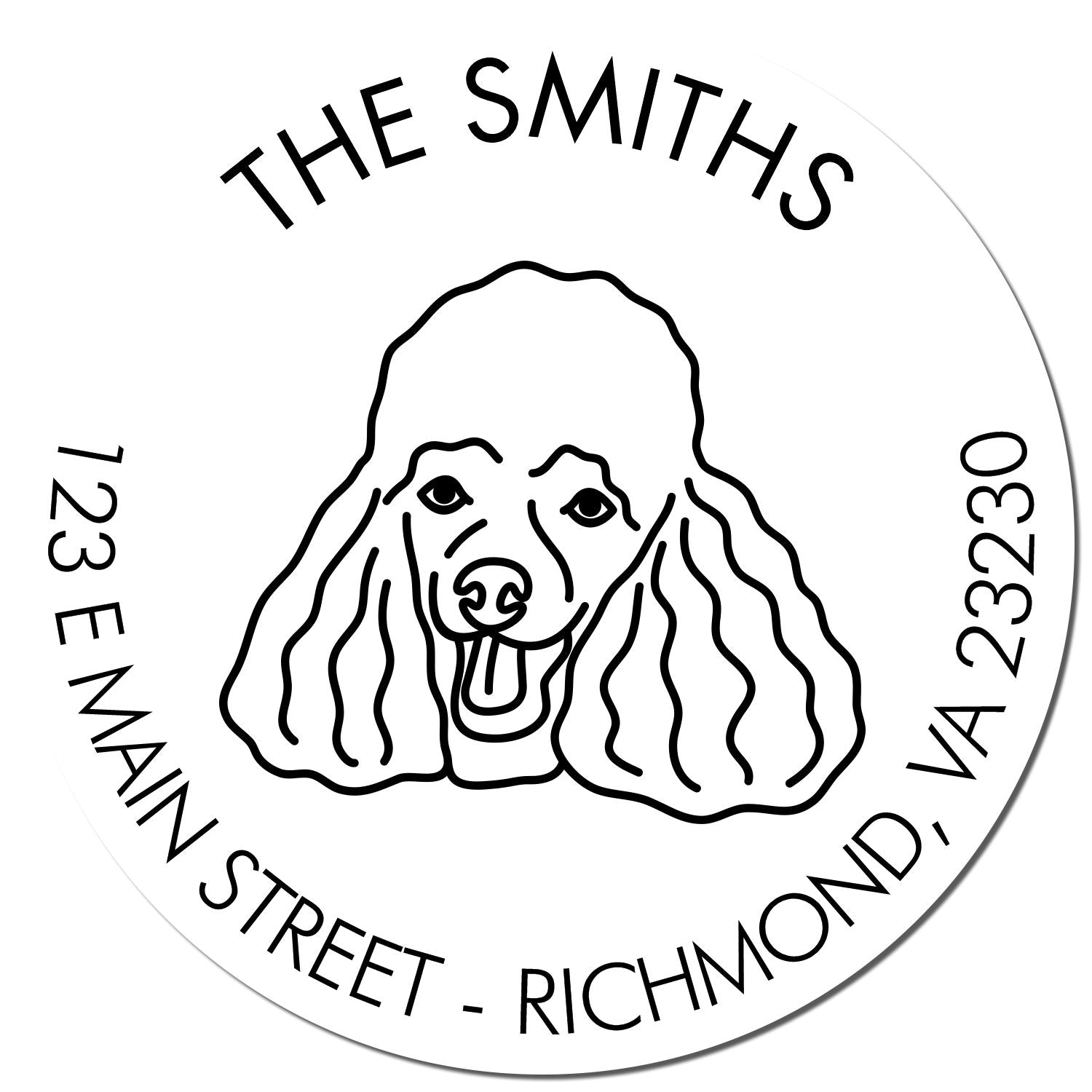 Black-and-white circular dog stamp seal for The Smiths, with poodle illustration and address 123 E Main Street, Richmond, VA 23230.