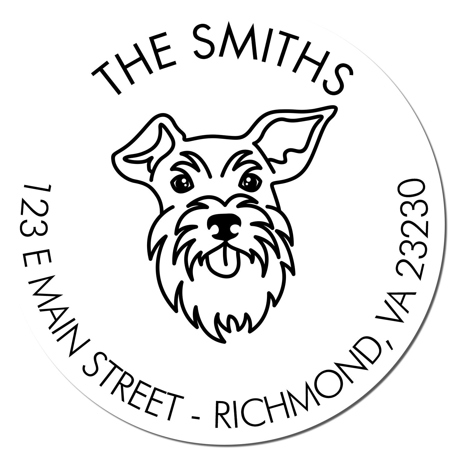 Custom wood handle Schnauzer dog stamp by ESS showing a black rubber imprint of the Schnauzer design.