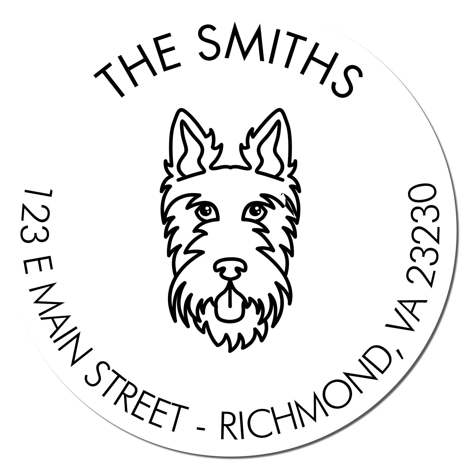White circular custom address stamp/seal with black dog logo, The Smiths, and Richmond, VA 23230