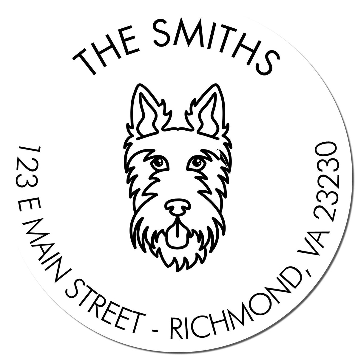 Custom round black-and-white address stamp seal with dog face and The Smiths, 123 E Main Street, Richmond, VA 23230.