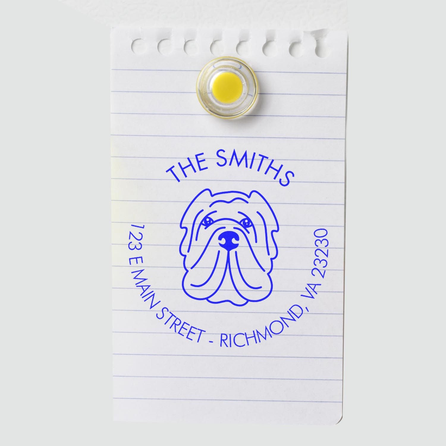 Blue custom dog address stamp on lined notepad, with clear yellow seal topper and The Smiths Richmond VA text.