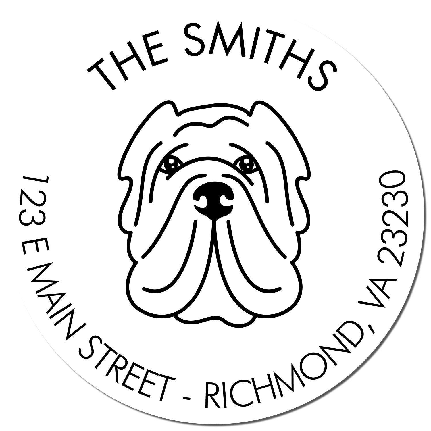 White round custom stamp seal with black bulldog logo, The Smiths, and address 123 Main Street, Richmond, VA 23230.