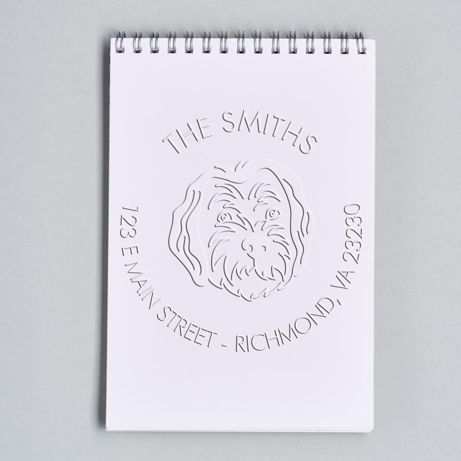 Personalizable Address Return Embossing Seal with Sheepadoodle Dog