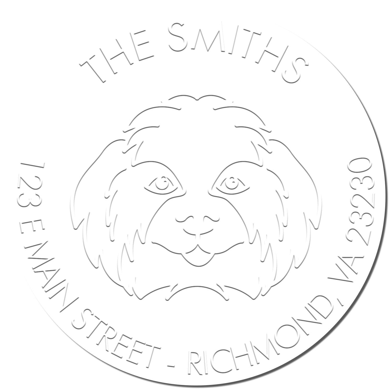 Circular embossed dog address stamp seal with The Smiths, 123 Email Street, Richmond, VA 23230 in white.