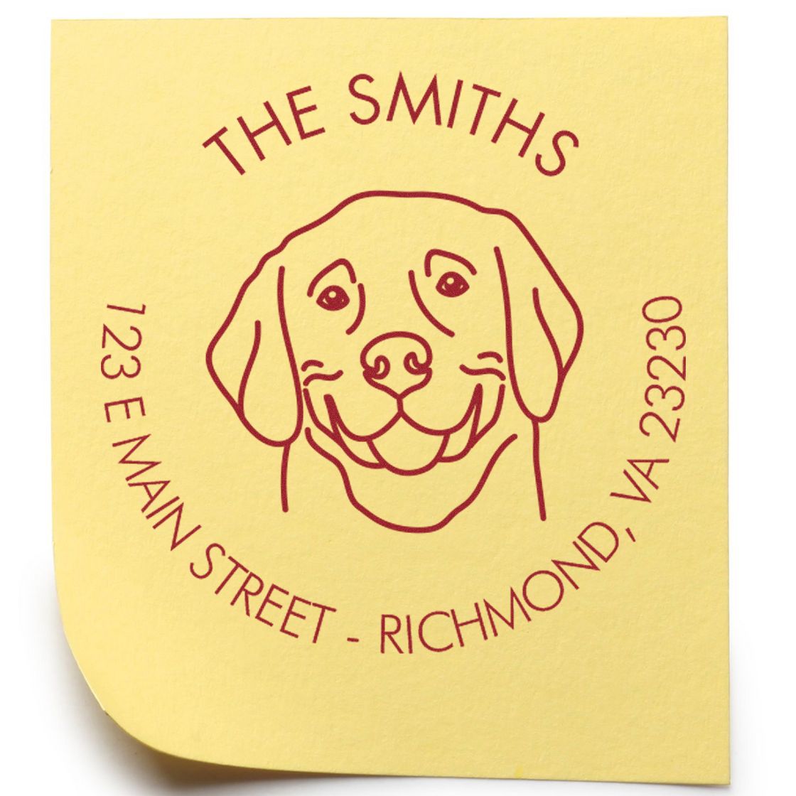 Yellow custom stamp seal with burgundy dog logo, THE SMITHS, and 123 E Main Street, Richmond, VA 23230.